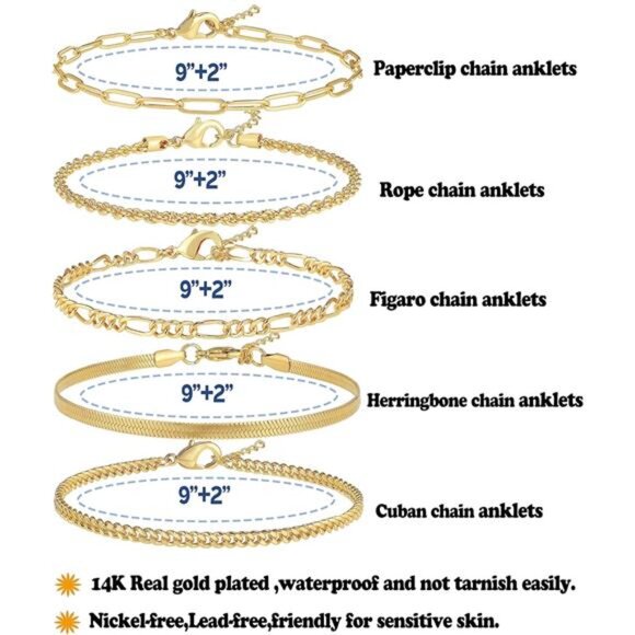 14K Gold/Sterling Silver Plated Anklet Bracelets for Women Waterproof Plus Size - Picture 3 of 7